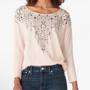 Lucky Brand Light Pink Long Sleeve Top with dainty black floral design. Size M.